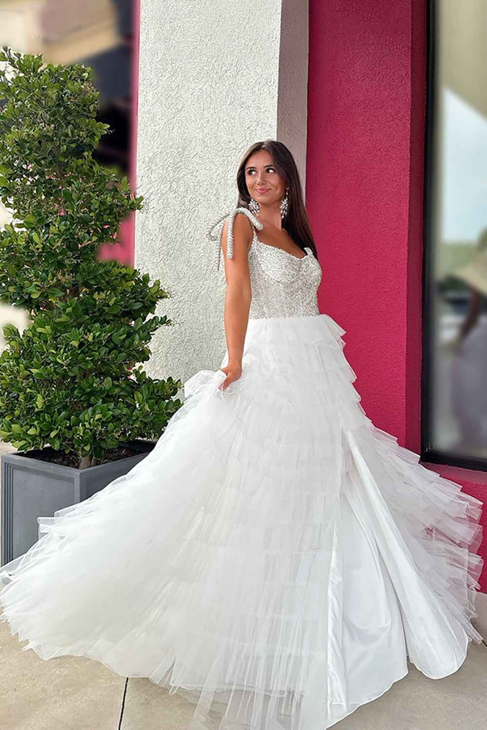 Sparkly White A Line Tiered Beaded Long Ruffled Pageant Tulle Dress