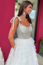Sparkly White A Line Tiered Beaded Long Ruffled Pageant Tulle Dress