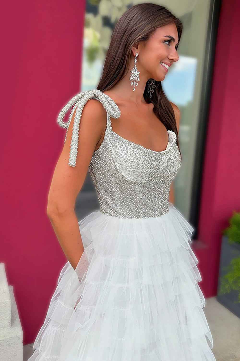 Sparkly White A Line Tiered Beaded Long Ruffled Pageant Tulle Dress
