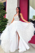Sparkly White A Line Tiered Beaded Long Ruffled Pageant Tulle Dress
