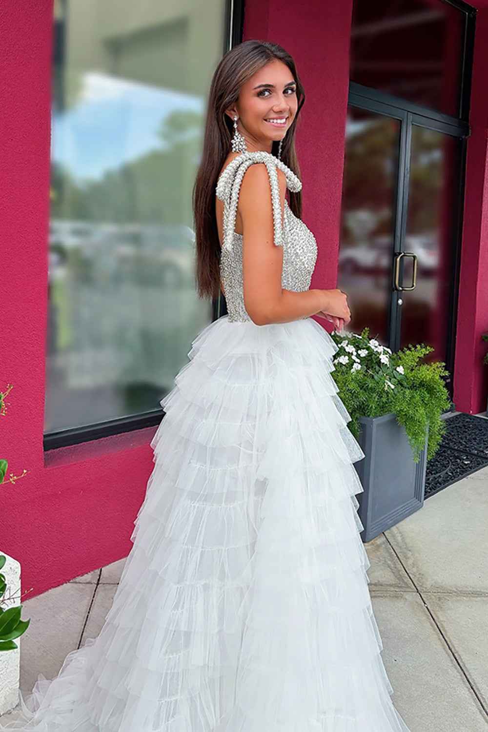 Sparkly White A Line Tiered Beaded Long Ruffled Pageant Tulle Dress