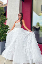 Sparkly White A Line Tiered Beaded Long Ruffled Pageant Tulle Dress