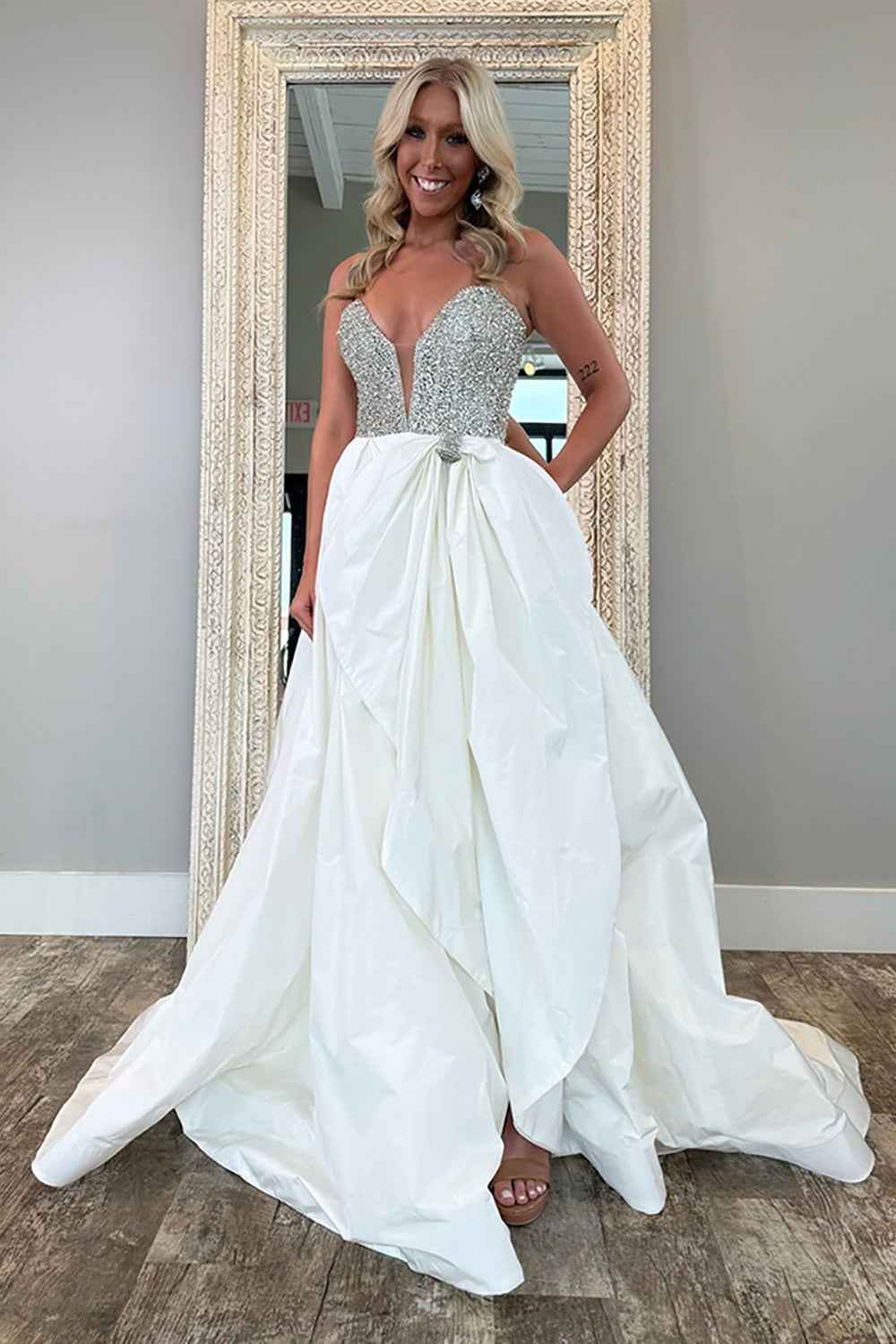 Sparkly White Beaded Ball Gown With Sweetheart Neckline And Corset