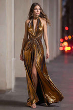 Sparkly Black Gold Halter Sheath Metallic Evening Dress With Slit