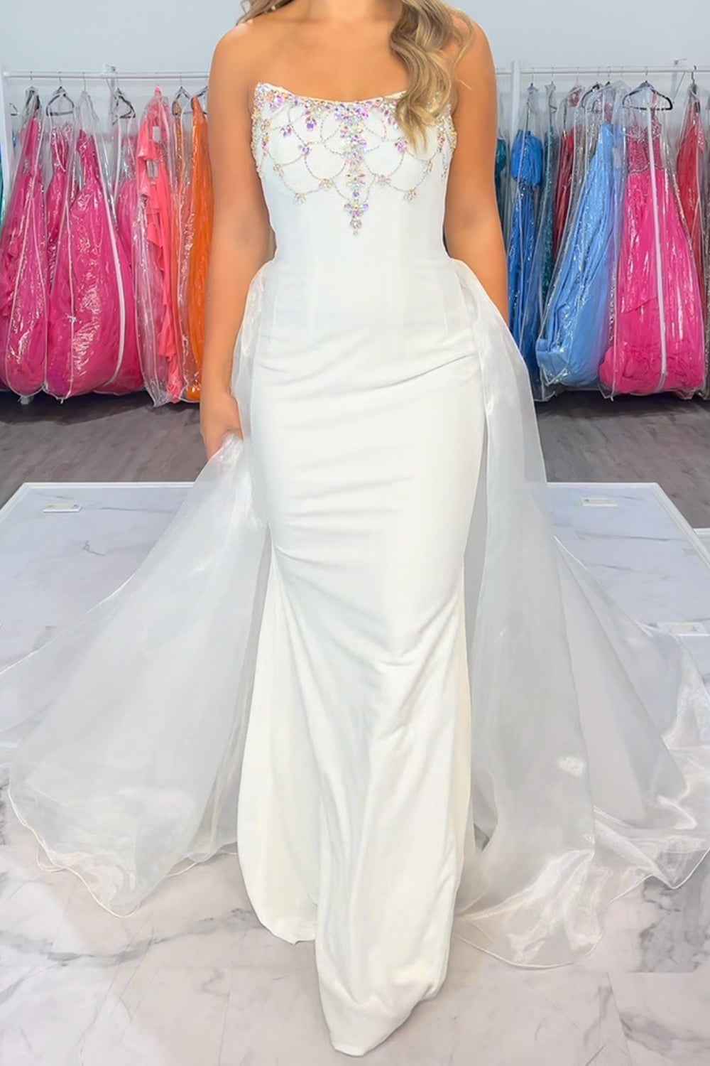 Sparkly White Strapless Satin Mermaid Prom Dress With Beading