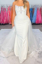 Sparkly White Strapless Satin Mermaid Prom Dress With Beading