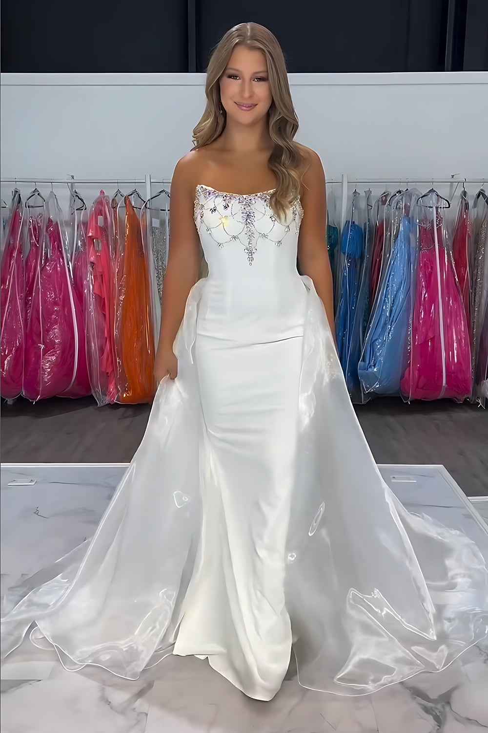 Sparkly White Strapless Satin Mermaid Prom Dress With Beading