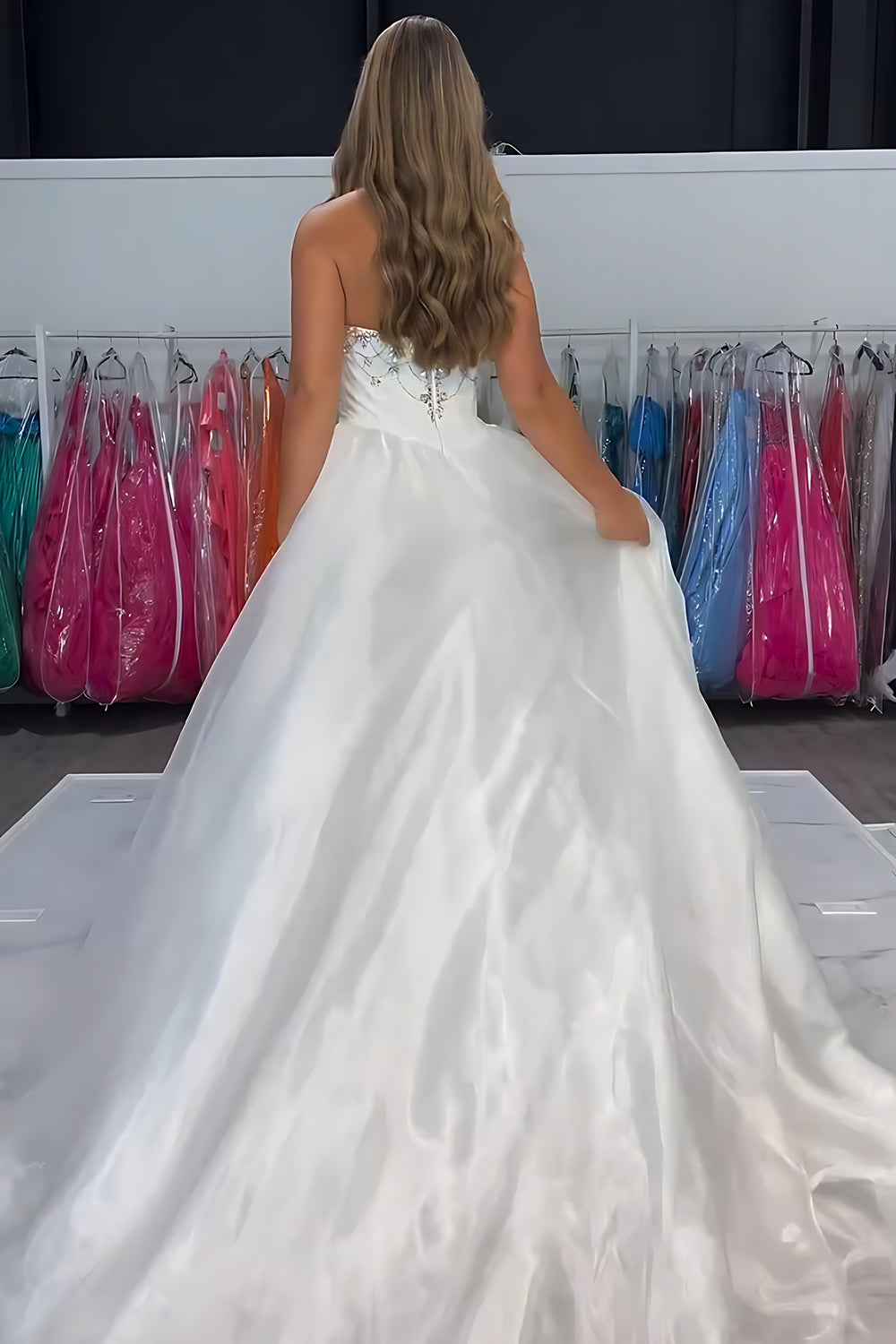 Sparkly White Strapless Satin Mermaid Prom Dress With Beading