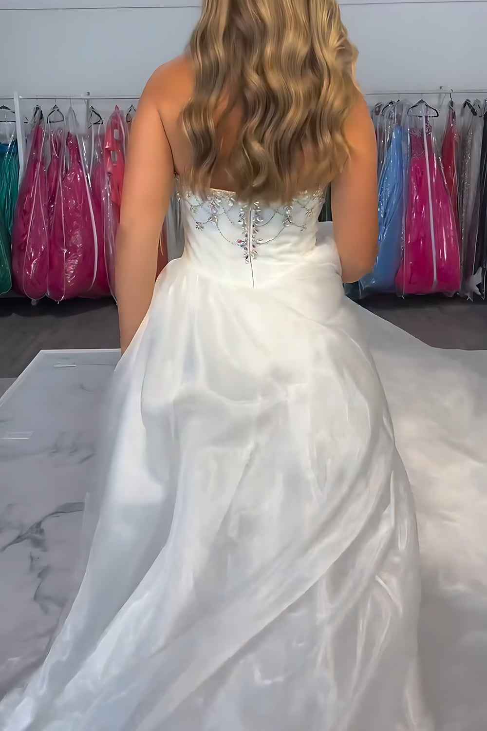 Sparkly White Strapless Satin Mermaid Prom Dress With Beading