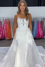 Sparkly White Strapless Satin Mermaid Prom Dress With Beading