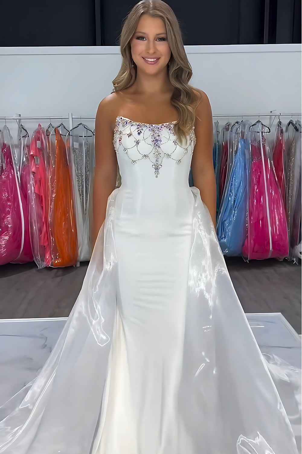 Sparkly White Strapless Satin Mermaid Prom Dress With Beading