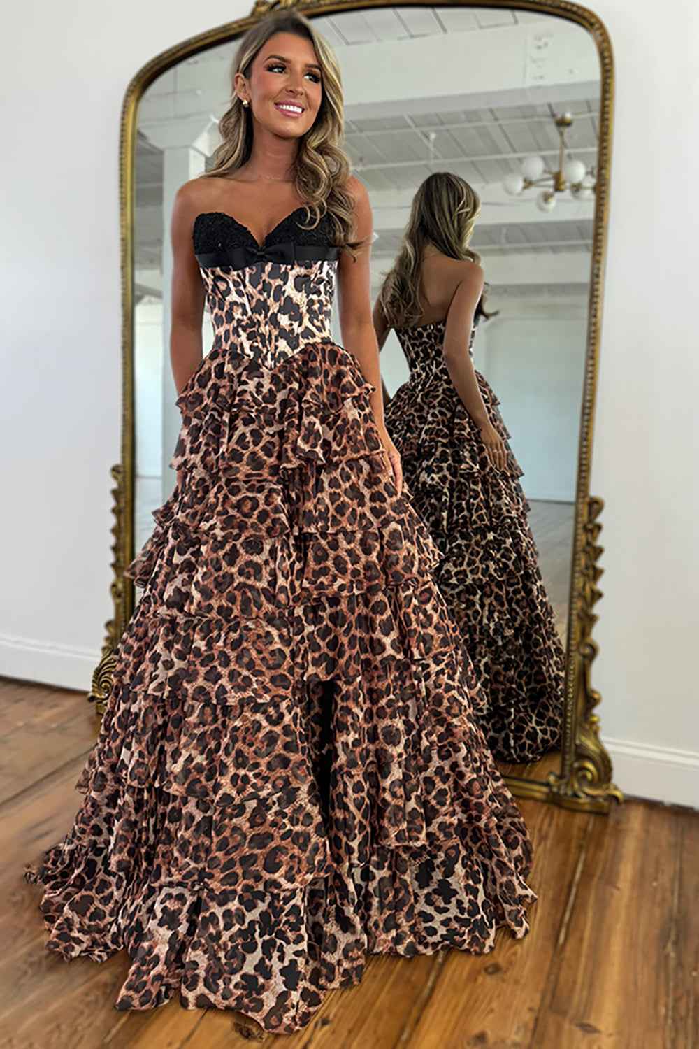 Brown Leopard Chiffon A-Line Corset Prom Dress With Slit And Ruffles