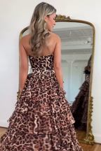 Brown Leopard Chiffon A-Line Corset Prom Dress With Slit And Ruffles