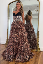 Brown Leopard Chiffon A-Line Corset Prom Dress With Slit And Ruffles
