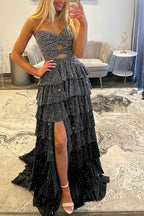 Sparkly Yellow Satin A Line Long Prom Dress With Beading And Cut Outs