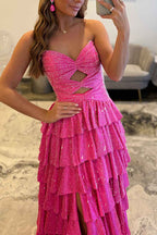 Sparkly Yellow Satin A Line Long Prom Dress With Beading And Cut Outs