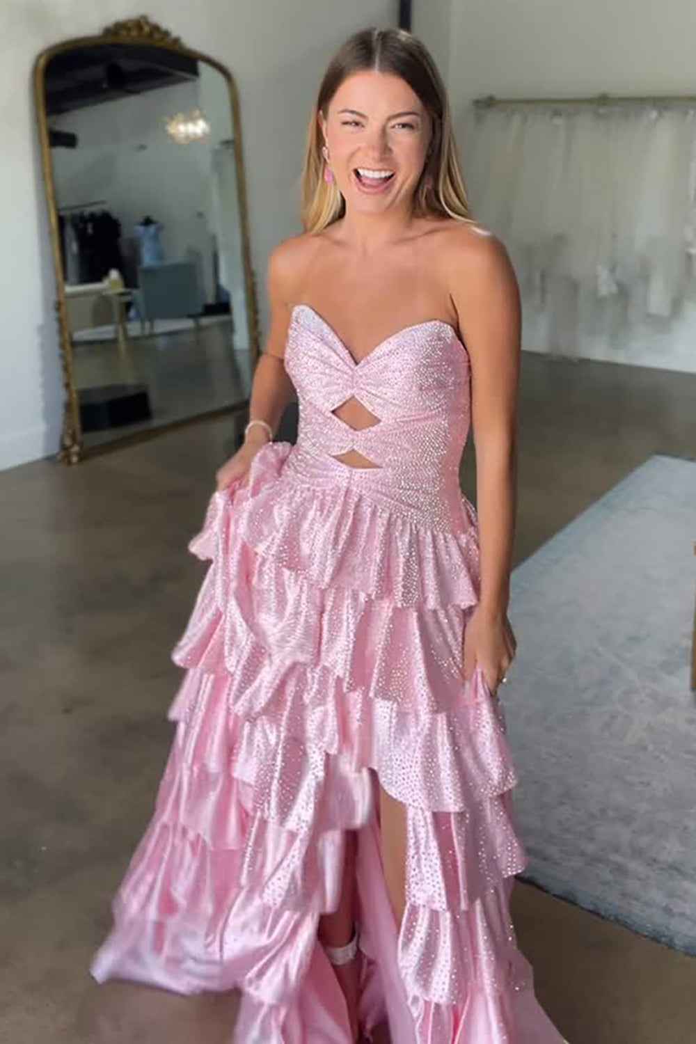 Sparkly Yellow Satin A Line Long Prom Dress With Beading And Cut Outs