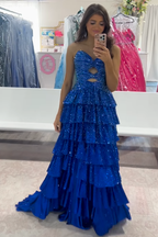 Sparkly Yellow Satin A Line Long Prom Dress With Beading And Cut Outs