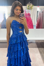 Sparkly Yellow Satin A Line Long Prom Dress With Beading And Cut Outs