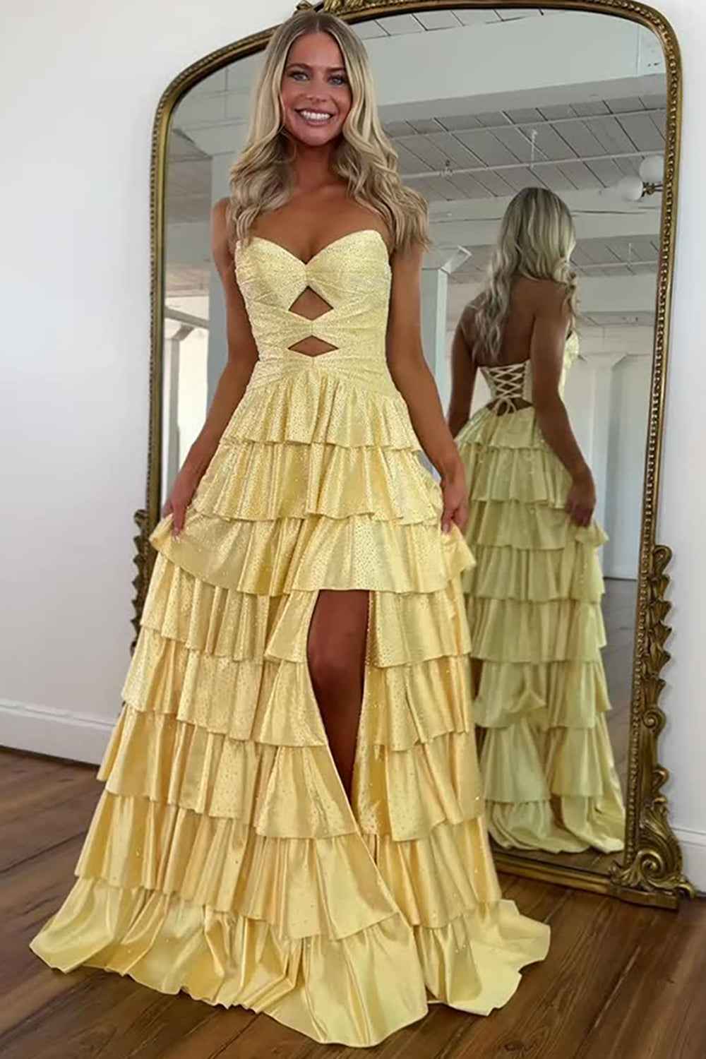 Sparkly Yellow Satin A Line Long Prom Dress With Beading And Cut Outs