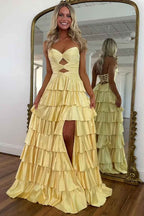 Sparkly Yellow Satin A Line Long Prom Dress With Beading And Cut Outs