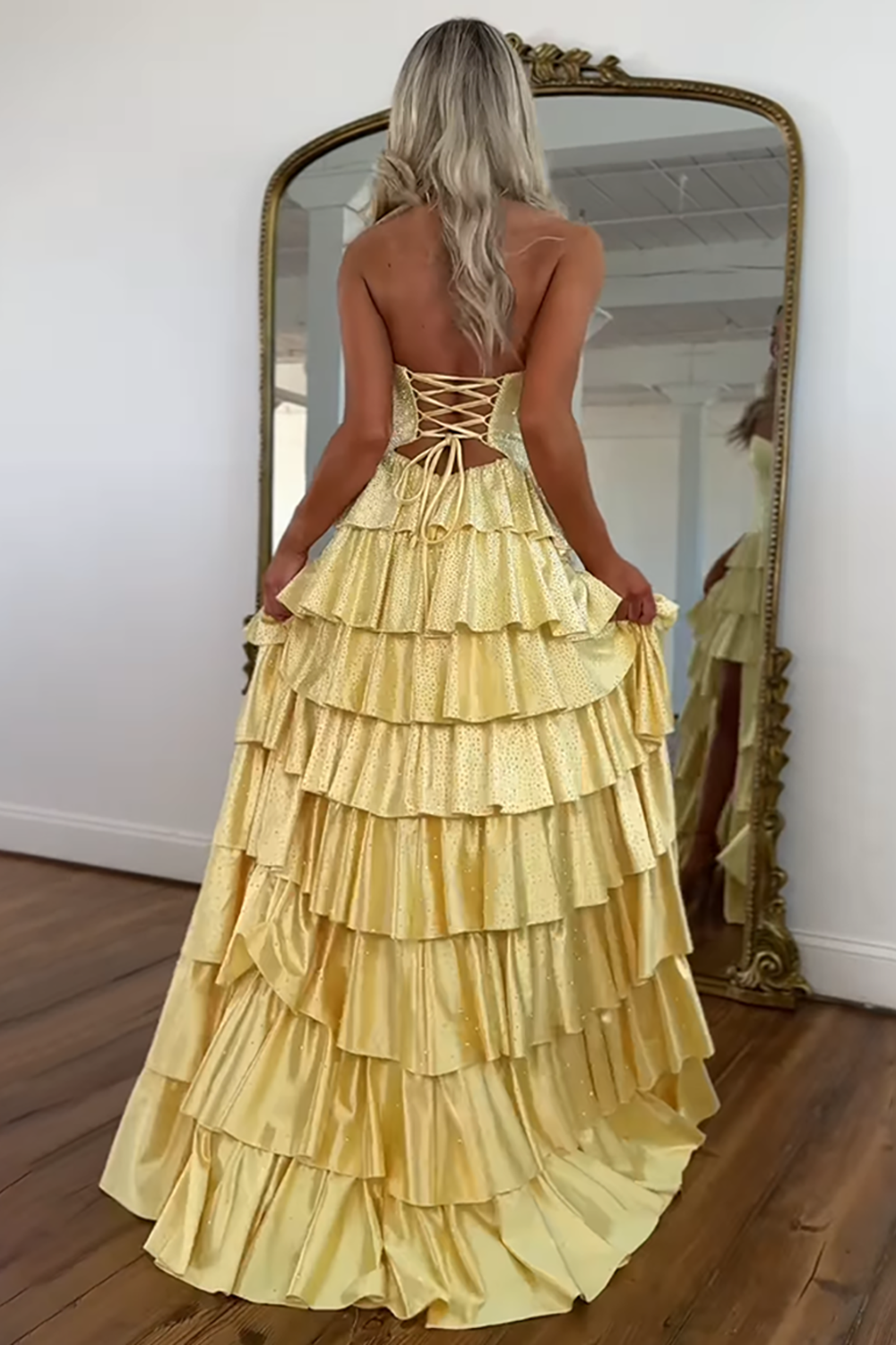 Sparkly Yellow Satin A Line Long Prom Dress With Beading And Cut Outs