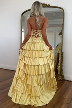 Sparkly Yellow Satin A Line Long Prom Dress With Beading And Cut Outs