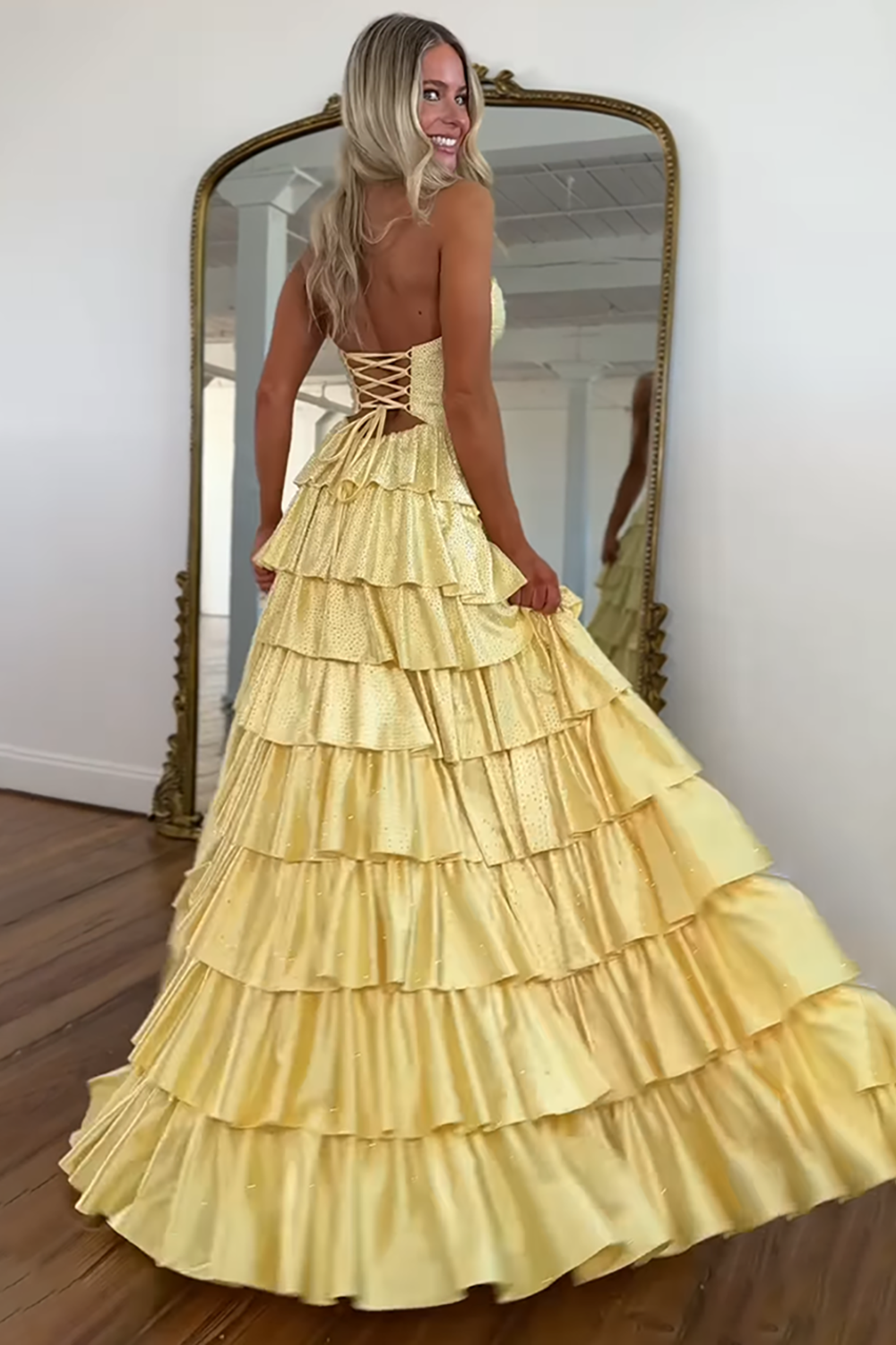 Sparkly Yellow Satin A Line Long Prom Dress With Beading And Cut Outs