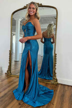 Sparkly Blue Sweetheart Mermaid Prom Dress Long With Slit Beaded
