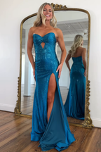 Sparkly Blue Sweetheart Mermaid Prom Dress Long With Slit Beaded