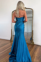 Sparkly Blue Sweetheart Mermaid Prom Dress Long With Slit Beaded