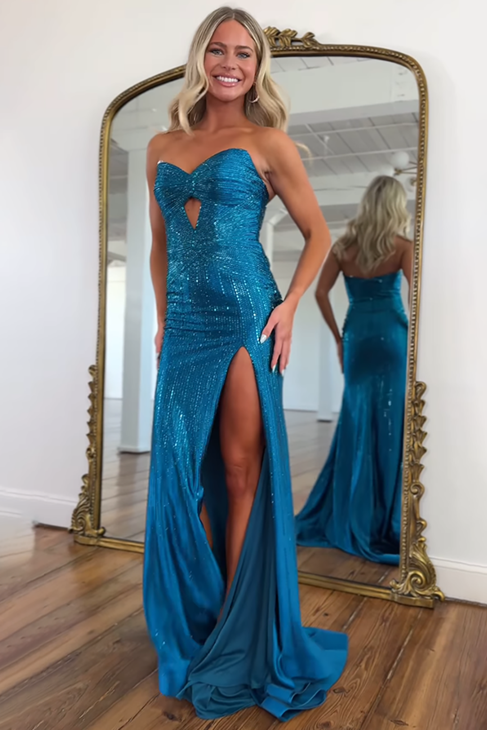 Sparkly Blue Sweetheart Mermaid Prom Dress Long With Slit Beaded