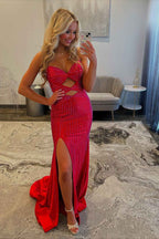 Sparkly Red Sweetheart Beaded Mermaid Prom Dress Cut Out Long Evening Gown