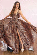 Brown Leopard Print Ball Gown Prom Dress With Thick Straps And Slit