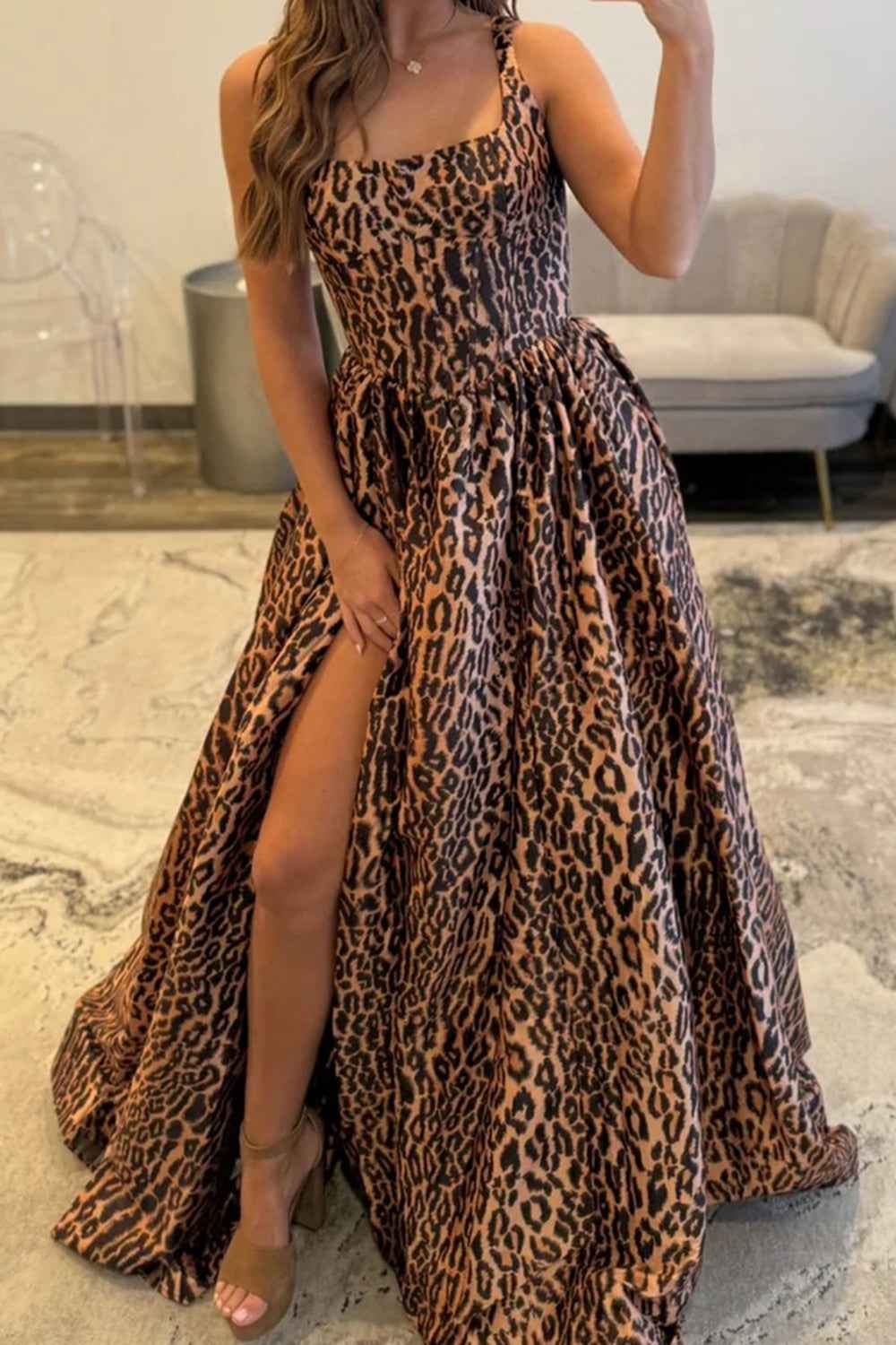 Brown Leopard Print Thick Strap A-Line Long Corset Prom Dress With Side Slit Polyester Party Gown
