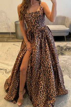 Brown Leopard Print Thick Strap A-Line Long Corset Prom Dress With Side Slit Polyester Party Gown