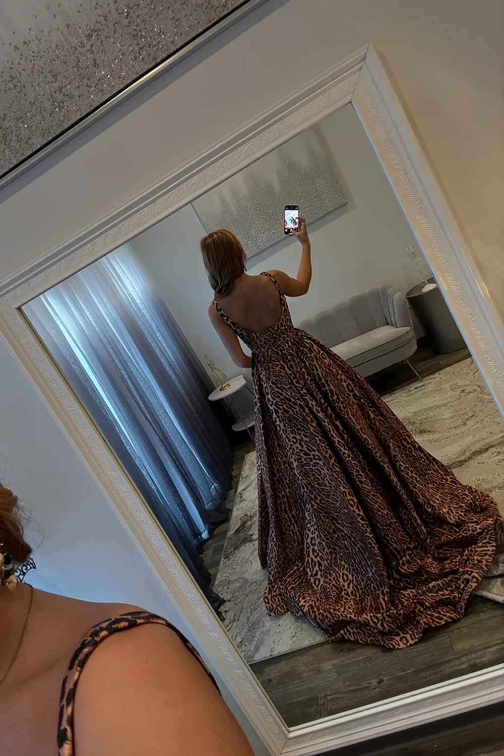 Brown Leopard Print Thick Strap A-Line Long Corset Prom Dress With Side Slit Polyester Party Gown