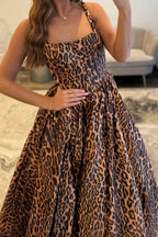 Brown Leopard Print Thick Strap A-Line Long Corset Prom Dress With Side Slit Polyester Party Gown