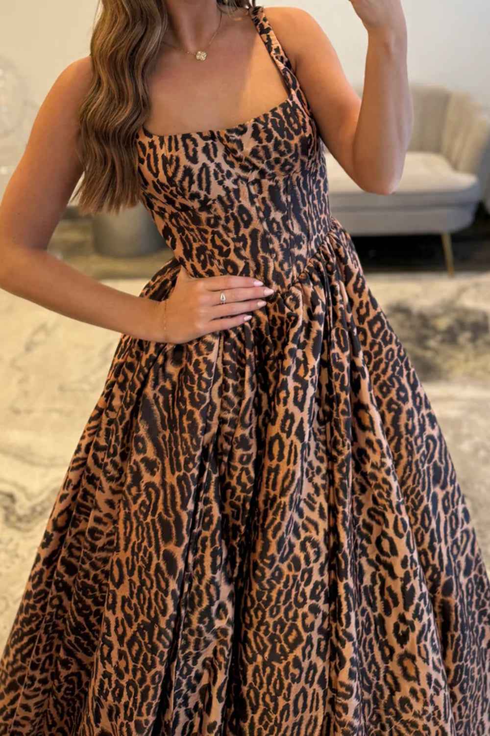 Brown Leopard Print Thick Strap A-Line Long Corset Prom Dress With Side Slit Polyester Party Gown