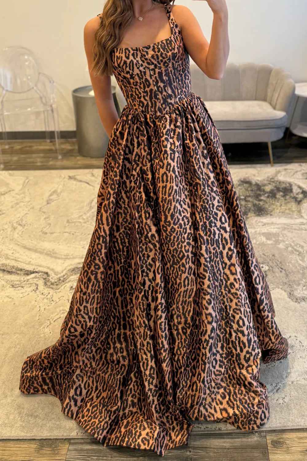 Brown Leopard Print Thick Strap A-Line Long Corset Prom Dress With Side Slit Polyester Party Gown