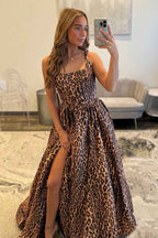 Brown Leopard Print Thick Strap A-Line Long Corset Prom Dress With Side Slit Polyester Party Gown