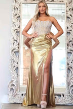 Gold Metallic Strapless Mermaid Prom Dress With Beading And Corset