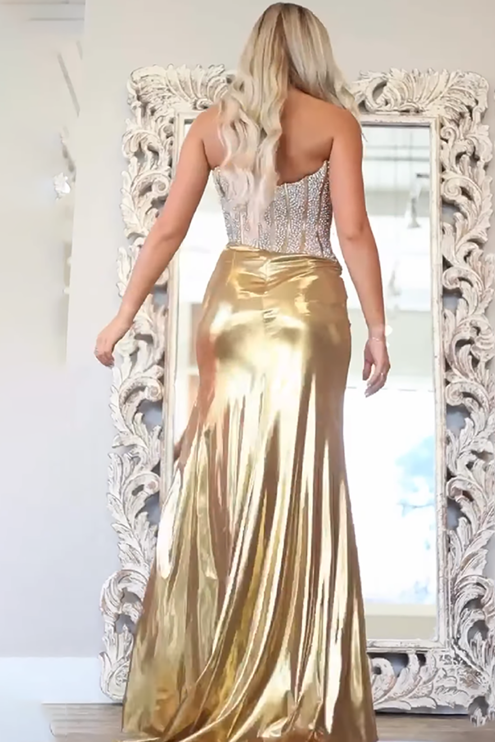 Gold Metallic Strapless Mermaid Prom Dress With Beading And Corset