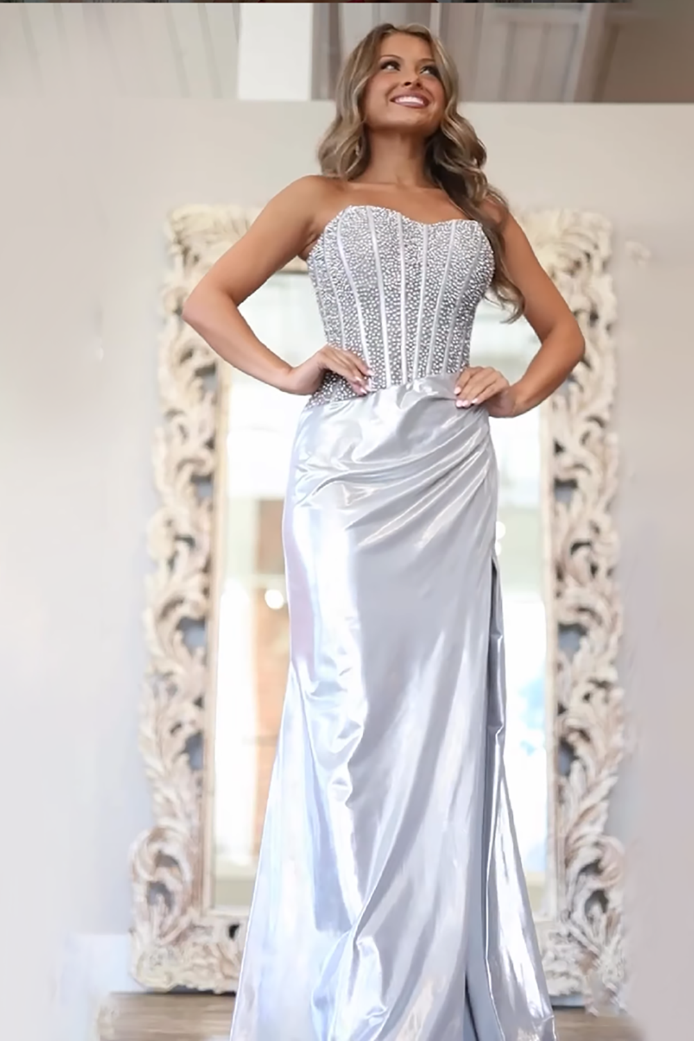 Gold Metallic Strapless Mermaid Prom Dress With Beading And Corset