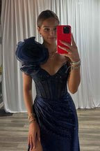 Navy Blue Mermaid Corset Prom Dress With Slit One Shoulder Beaded Long Evening Gown