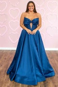 Navy Satin Corset A-Line Prom Dress With Bow And Sweetheart Neckline