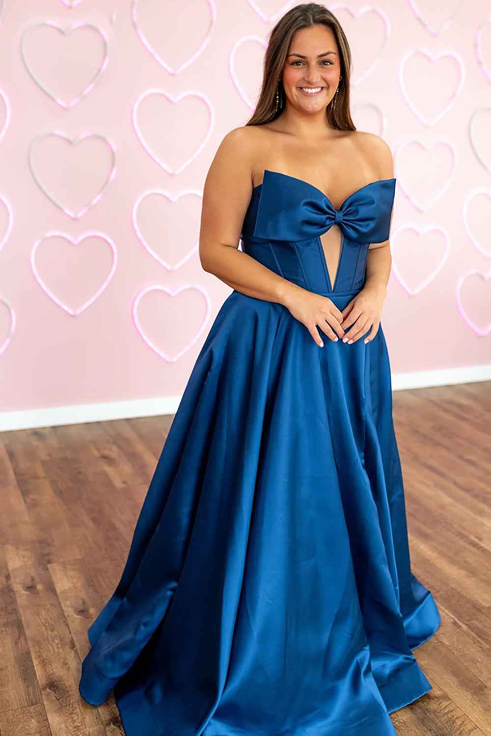 Navy Satin Corset A-Line Prom Dress With Bow And Sweetheart Neckline