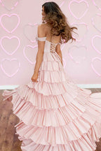 Elegant Pink Off The Shoulder A-Line Corset Prom Dress With Ruffled Details and Beading