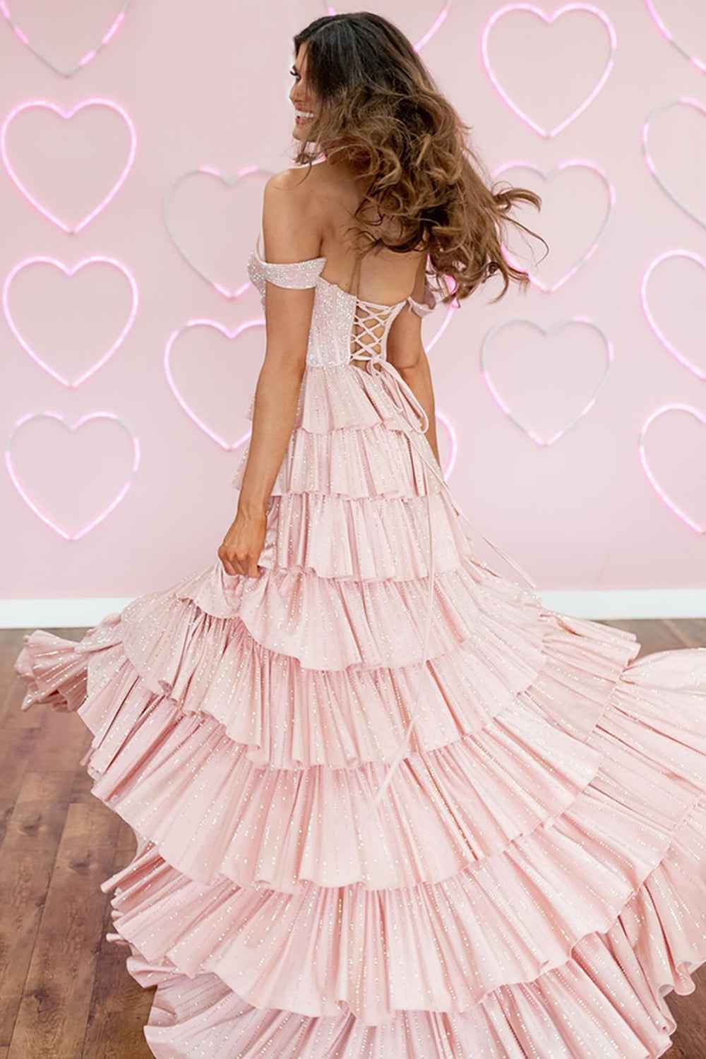 Elegant Pink Off The Shoulder A-Line Corset Prom Dress With Ruffled Details and Beading