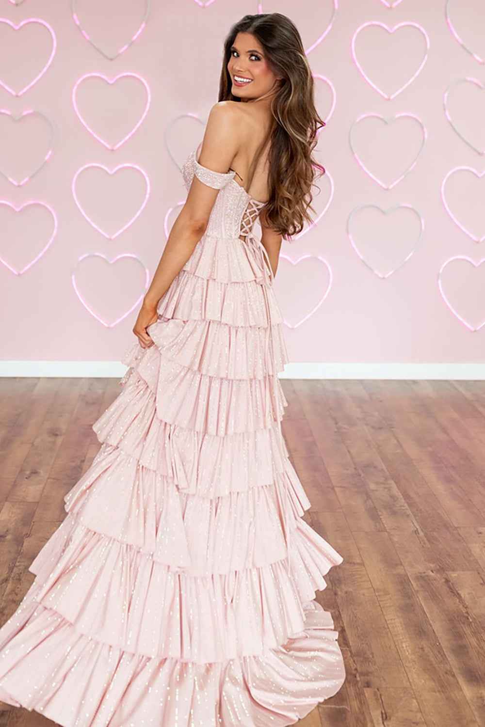 Elegant Pink Off The Shoulder A-Line Corset Prom Dress With Ruffled Details and Beading